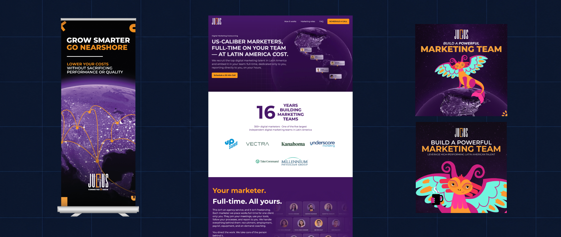 Branding de JULIUS aplicado a su web, anuncios y banner para eventos